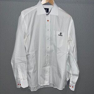 HUSQVARNA Men's Embroidered Spellout Long Sleeve Button Down White Dress Shirt L